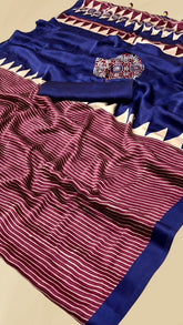 Purple and Blue Striped Temple Ajrakh Gajji Silk Saree